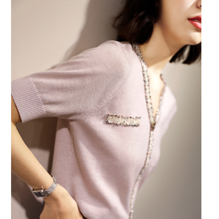 It's so Beautiful It's Hard to Believe! Elegant Little Chanel-Style Tassel Lace V-Neck Short-Sleeved Glitter Knit Top for Women, New Spring and Autumn Style