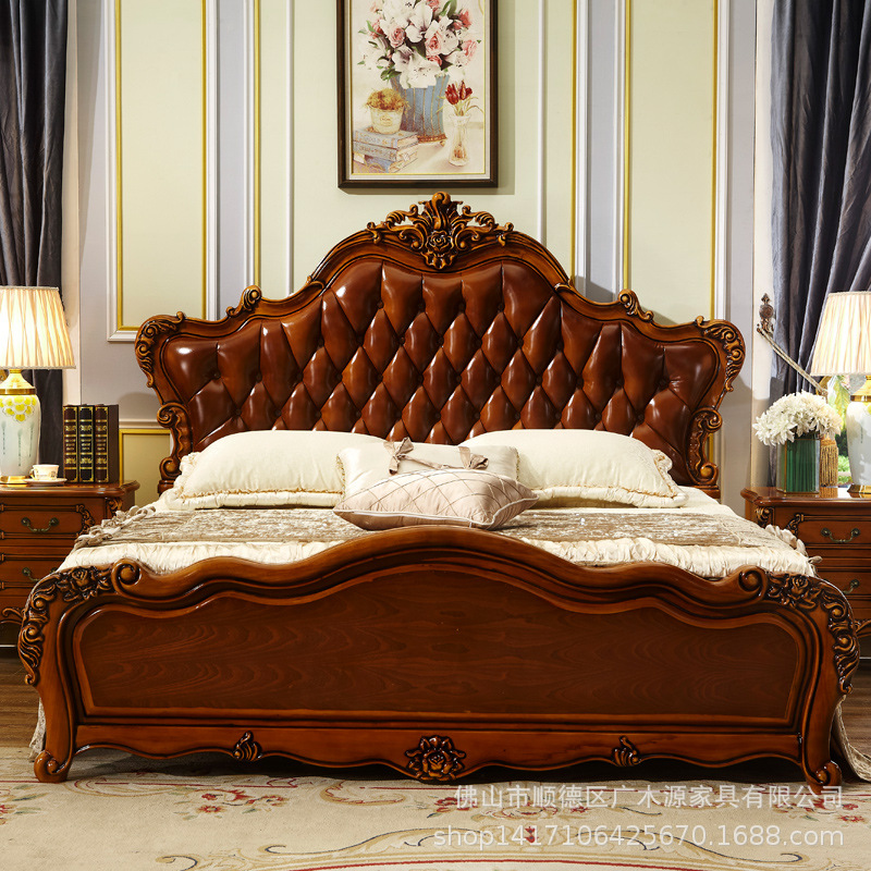 European style genuine leather Solid wood bed Master Bedroom Marriage bed Luxurious Double bed Jane Europe oak Carved American style furniture New products