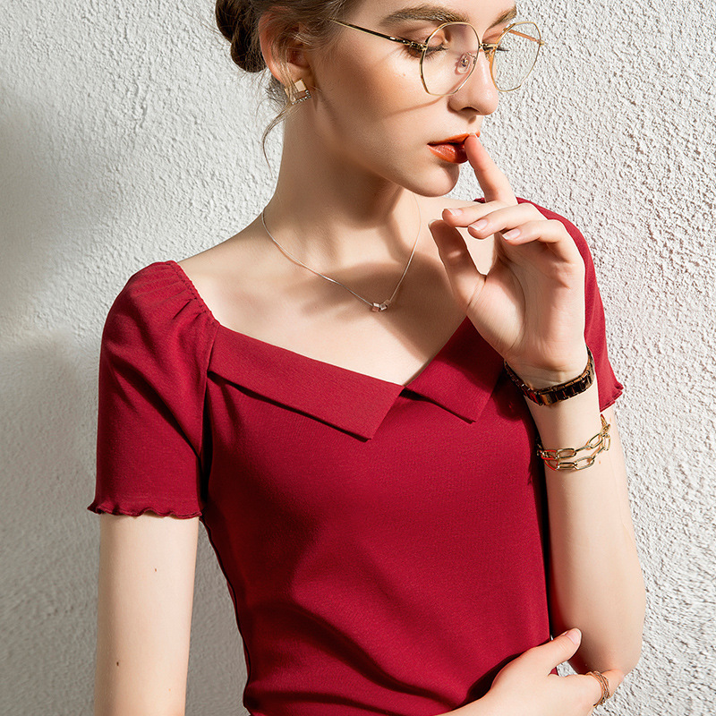 French Retro Solid Color Square Collar T-shirt Women's Short-sleeved Stitching Design Sense Slim-fit Puff Sleeve Top for Summer