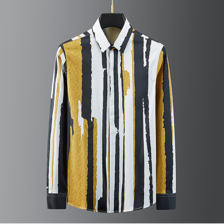 Description Picture 6 of item2023 Court Style Striped Shirt Men 100% Cotton Long Sleeve Casual Shirts High-quality Business Dress Shirts Social Party Tuxedo