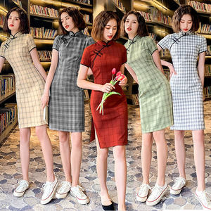 Plaid cheongsam chinese dresses new stretch cotton improved slim everyday young qipao dress