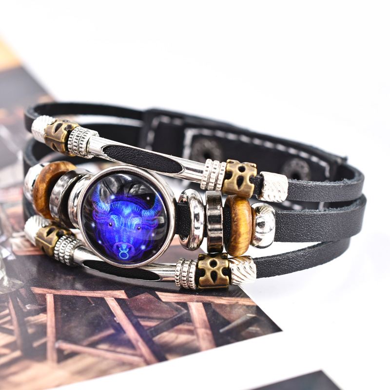Retro doce signos del zodiaco luminoso pareja pulsera de cuero Estudiantes suministro de personalidad tres capas tejidas pulsera de cuero con cuentas
