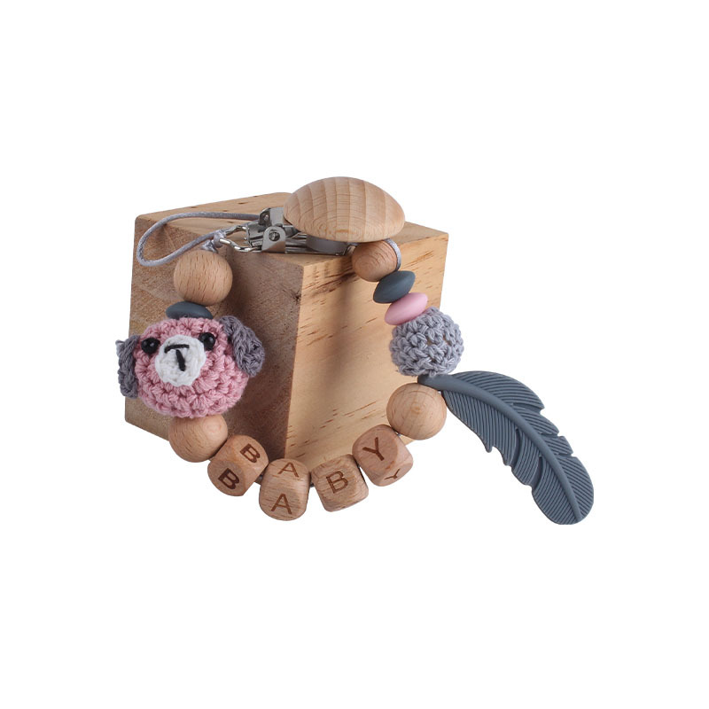 Nueva haya chupete clip bola de lana animal dibujos animados bebé nombre personalizado pluma silicona teether juguete molar