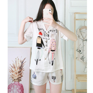 佐裳夏季短袖女士夏睡衣ins风可爱卡通女丝绸宽松家居服套装1793