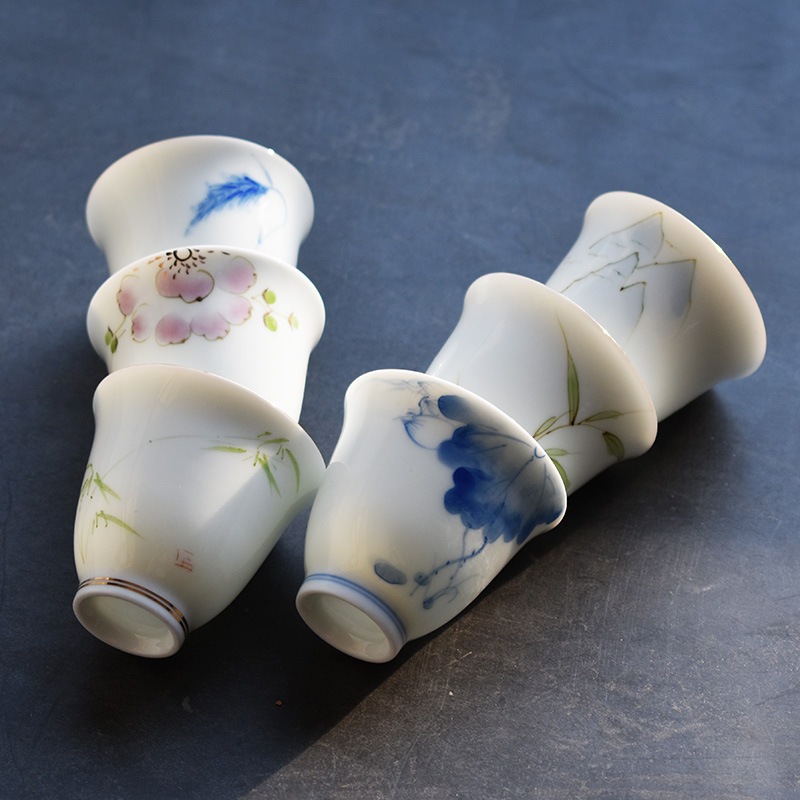 德化白瓷功夫茶具手繪品茗杯懷舊中國風青花陶瓷茶杯主人杯單