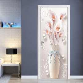 创意3D门贴翻新自粘贴纸装饰卧室客厅墙贴门贴珠宝花瓶花跨境货源