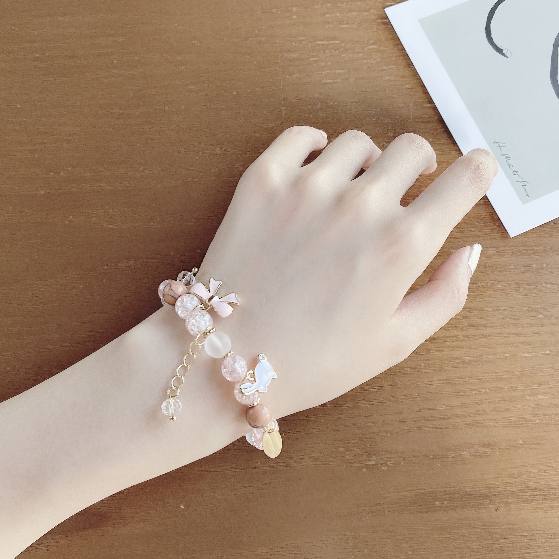 Pink popcorn beads cute rabbit student girlfriends bow peach blossom good luck gift South Korea fairy bracelet
