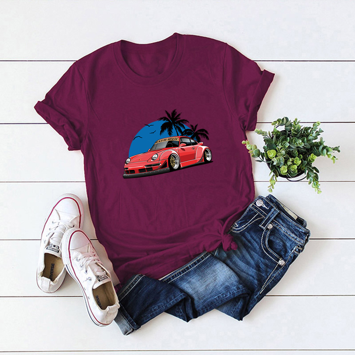  leisure beach and car short-sleeved t-shirt NSSN1798