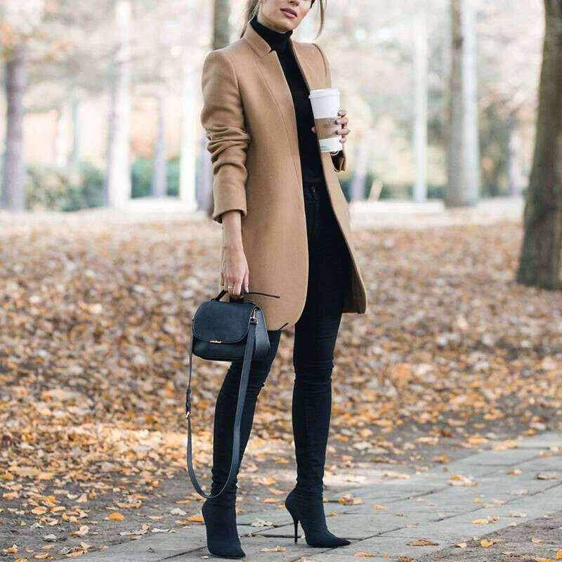 Long woolen coat (Amazon) fitted stand‑collar demi‑season, lightweight, multiple sizes