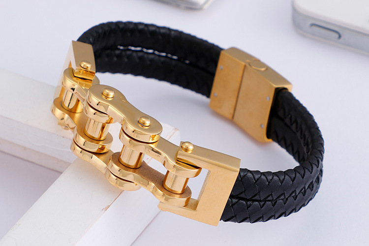 Simple Style Geometric Stainless Steel Pu Leather Plating 18K Gold Plated Men's Bracelets display picture 1