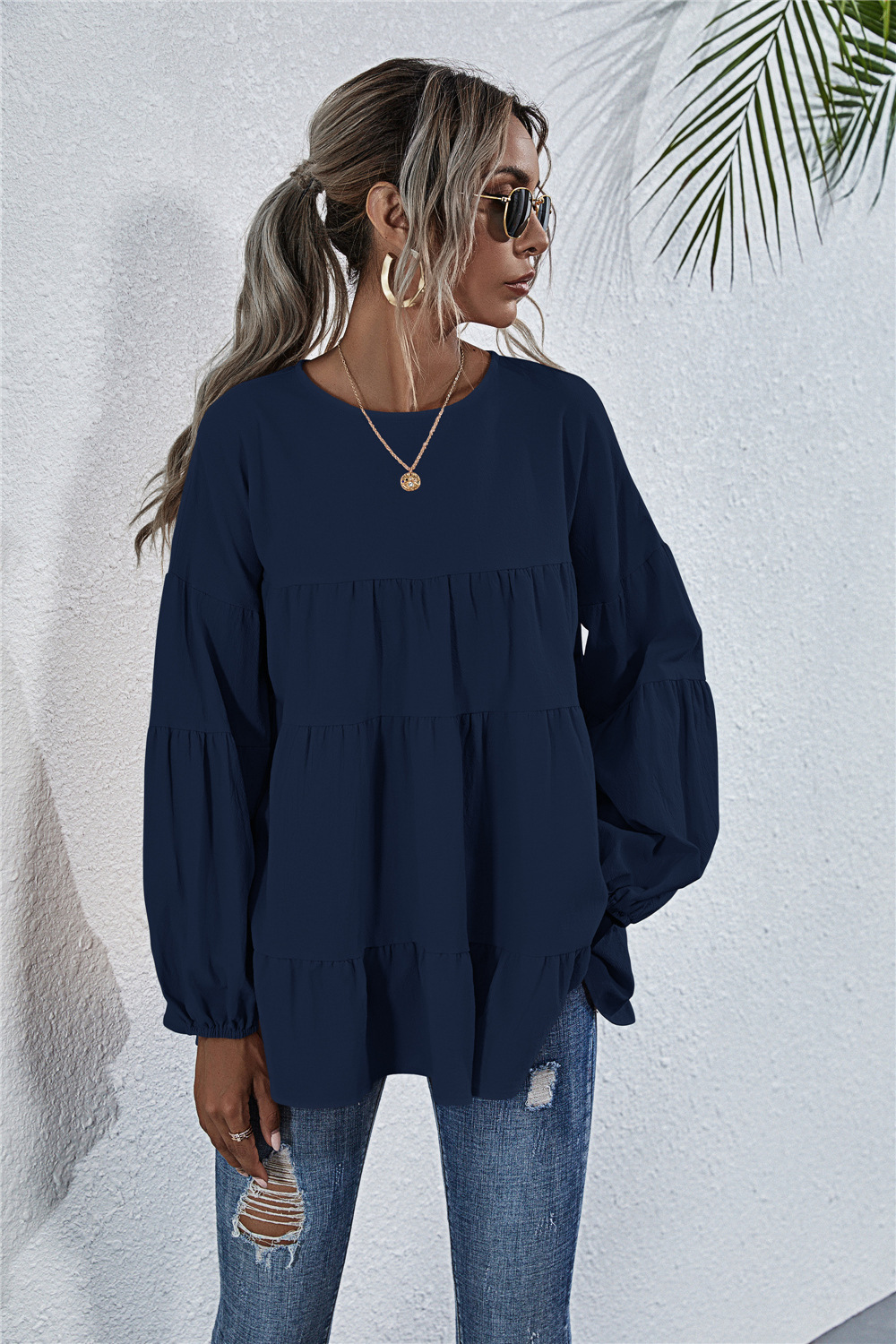 solid color round neck lantern long-sleeved large swing loose t-shirt NSLNZ123634