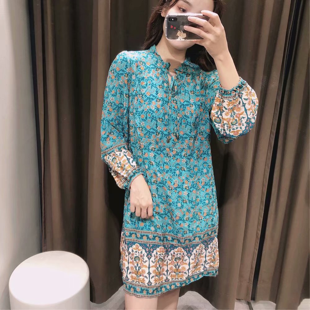  rayon printed long sleeve dress NSAM4427