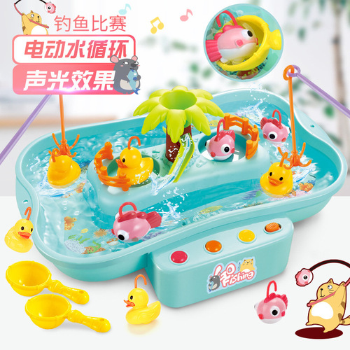 Cross-border children's play house fun toys electric light music rotating fishing plate yellow duck water toy set