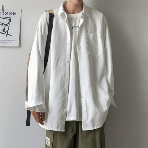 Pure white long-sleeve shirt for men, Korean style trendy loose and versatile stylish top, Hong Kong style temperament casual jacket clothing