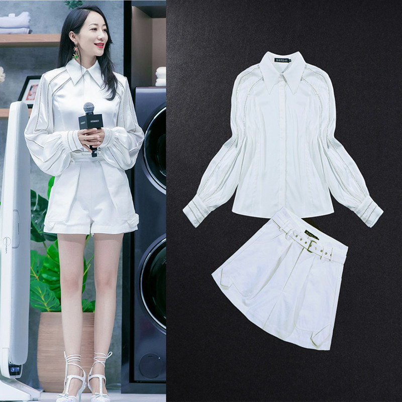 Han Snow star with white small blossom lanterns sleeve shirt fashion suits short pants female two-piece women early autumn 6173