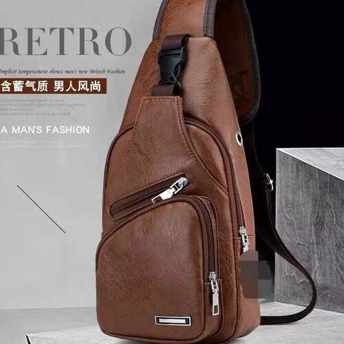 USB line chest bag men's casual cross-body bag solid color leather men's bag foreign trade new cross-border trendy bag men's style