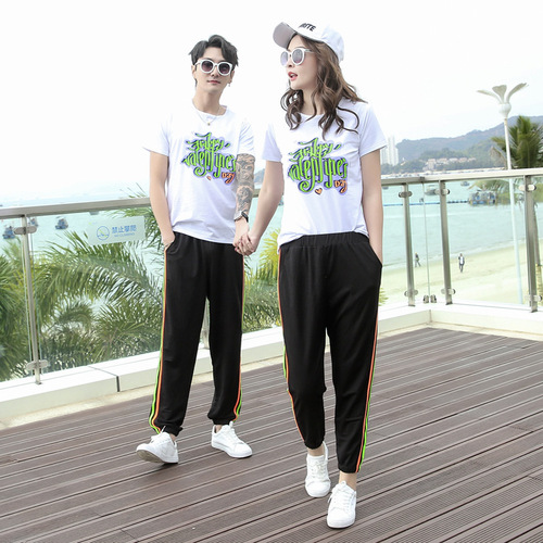 Spring and summer parent-child wear, short-sleeved black trousers, family of three, mother, daughter, father and son, casual sports suits, plus size