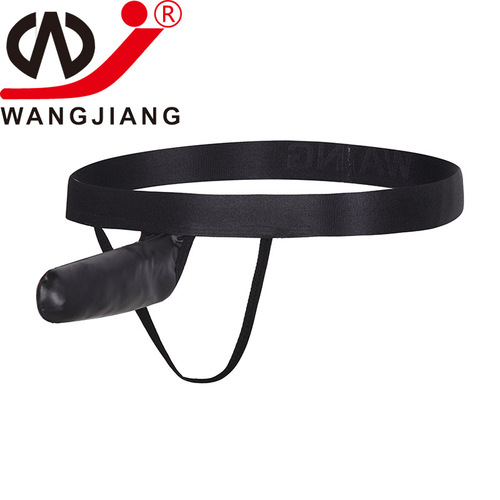 Foreign trade supply love underwear for men, European and American sexy single thong with hollow back, imitation leather mesh men's thong t-pants