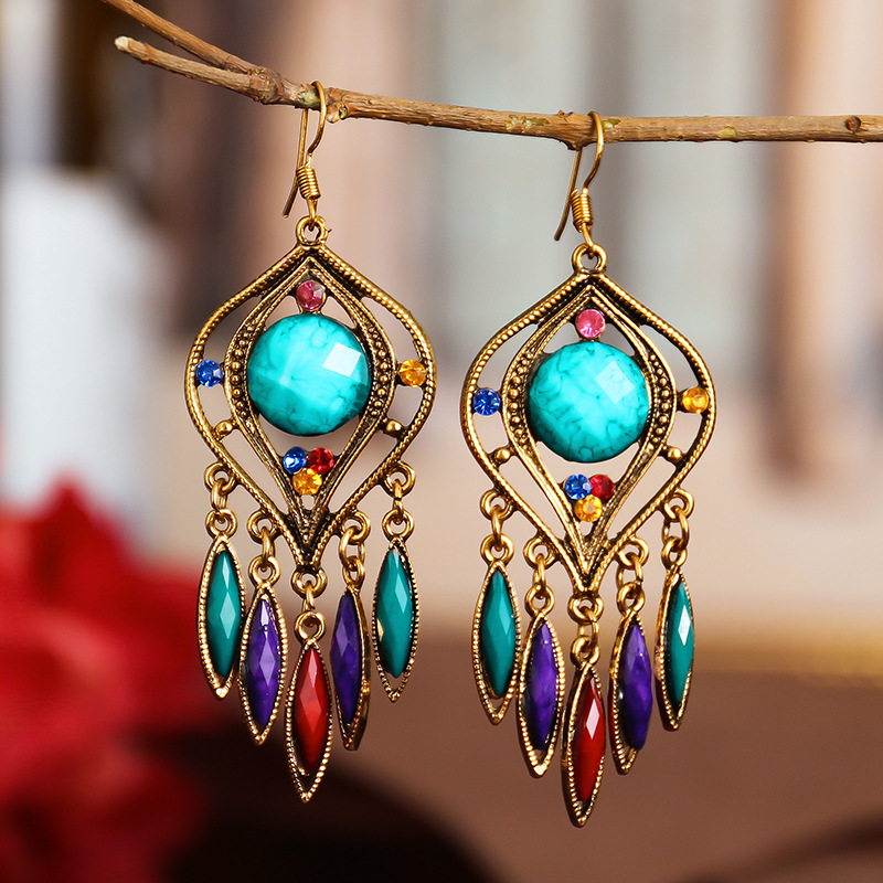 Creative Exaggerated Hollow Water Drop Tassel Ethnic Style Diamond Earrings display picture 3