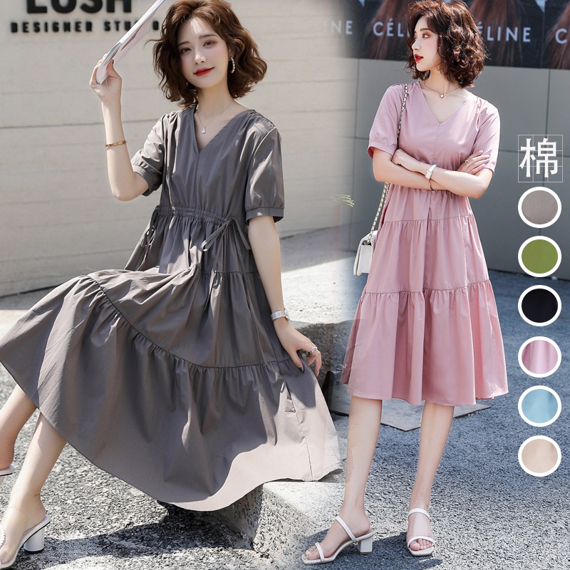简约宽松V领松紧高腰连衣裙女文艺复古森系减龄休闲棉布大摆裙子