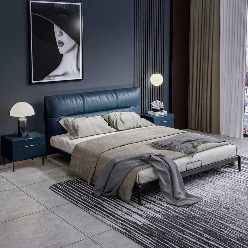 Cama de Cuero Genuino Yihai Xuan, Muebles de Dormitorio, Estructura de Hierro de 1.5 Metros, Cama de Cuero de Primera Calidad, Estilo Minimalista Italiano