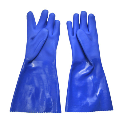 顺兴蓝色PVC防化学防油手套棉布内衬磨砂面手套40cm长款胶手套|ms