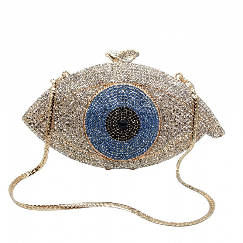 Túi clutch nữ đính kim cương kim loại rỗng cầm tay dự tiệc 19x4x10.5 cm — Màu xanh lam, Màu đen, Nền vàng kim cương trắng, Đế Vàng Kim Cương chi tiết 2