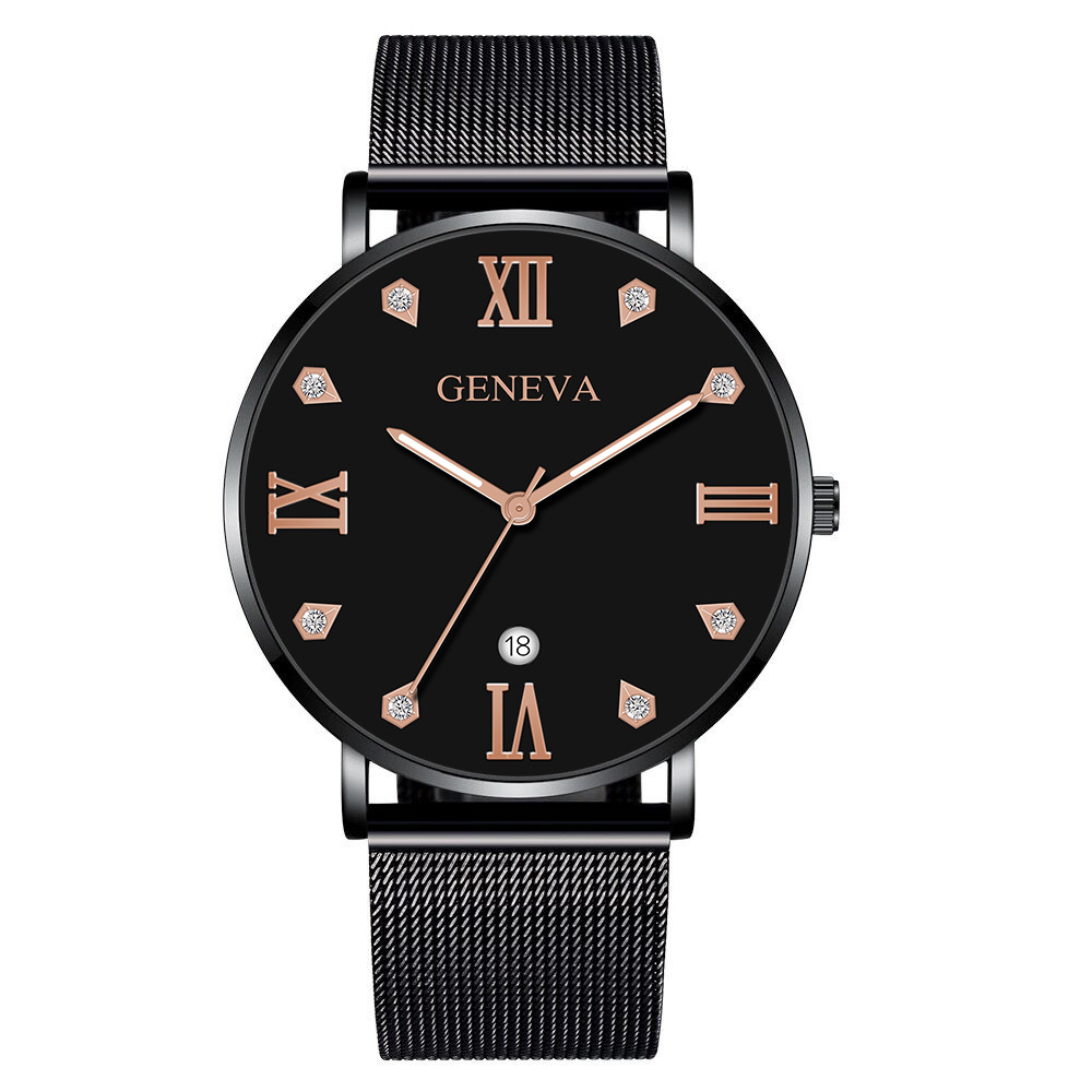 Simple Roman Diamond Scale Calendar Mesh Watch Men'S Quartz Watch