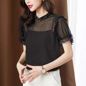 Two piece Lace Chiffon Blouse women’s short sleeve summer new loose temperament mesh splicing perspective blouse