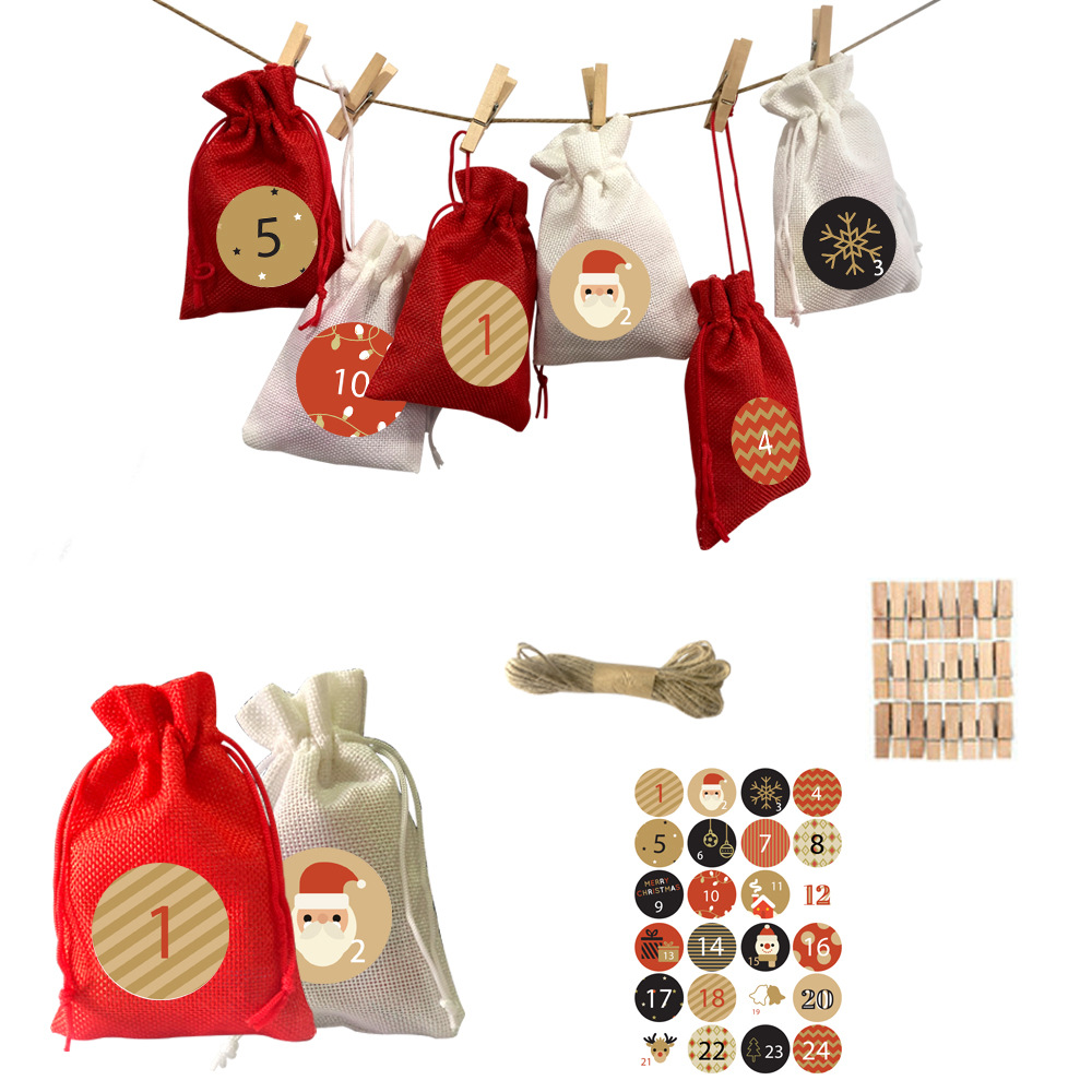 亚马逊供货双色24个圣诞倒计时降临日历麻布礼品袋24数字贴纸套装