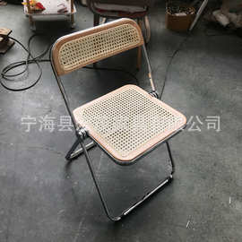 北欧中古编藤折叠椅子 简约家用复古藤编收纳靠背餐椅编藤折叠椅