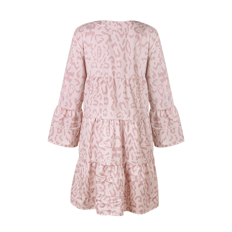 Spring Summer Printed Long Sleeve Loose V-neck Stitching Babydoll Dress for Women