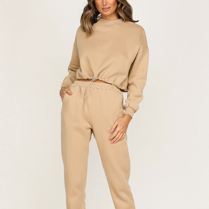 casual cotton solid color round neck long sleeve sweatshirt trousers NSGE35072