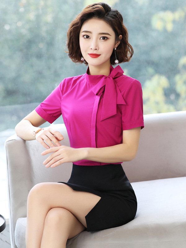 Summer Rose Red Bow Chiffon Shirt Women's Short-sleeved Lace-up White Shirt Beauty Salon Front Office Hairdressing Overalls