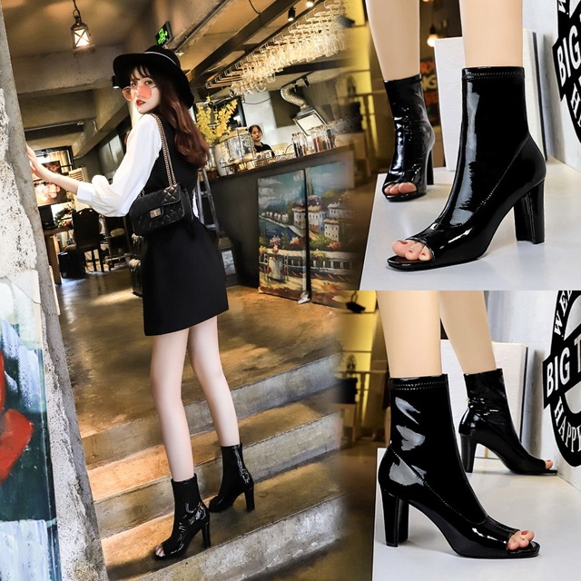 Bright lacquer leather hollow fish mouth boots sexy thin short boots
