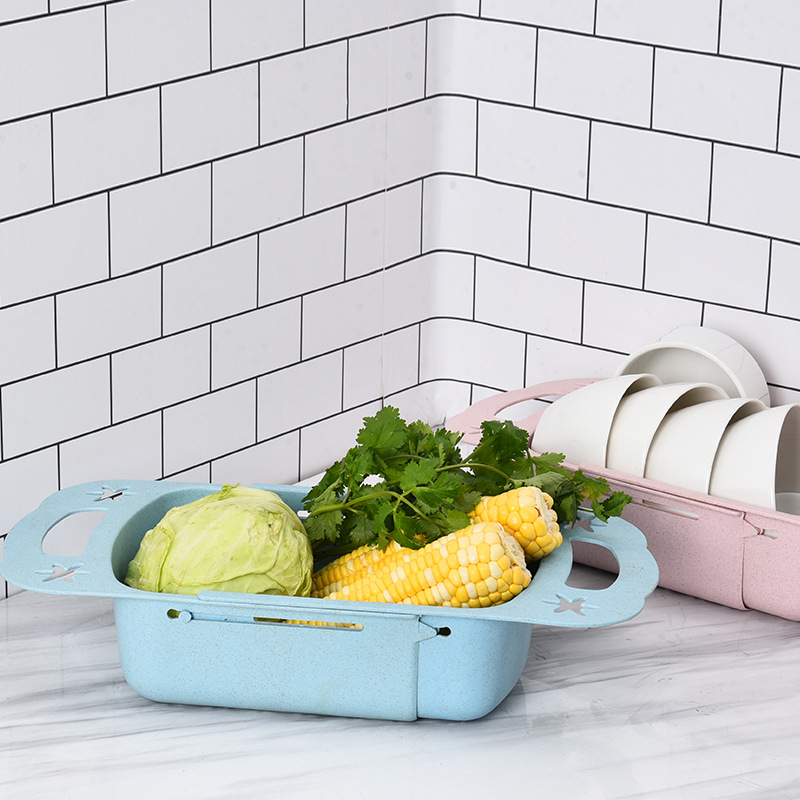 Estante de almacenamiento de fregadero de cocina cesta de drenaje retráctil hogar cesta de lavado de frutas y verduras paja de trigo tazón de plástico estante de palillos