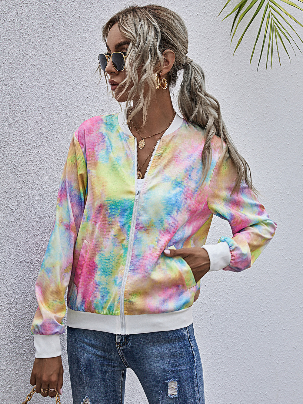 autumn and winter fashion beltless simple digital printing round neck casual tie-dye long-sleeved jacket  NSDF905