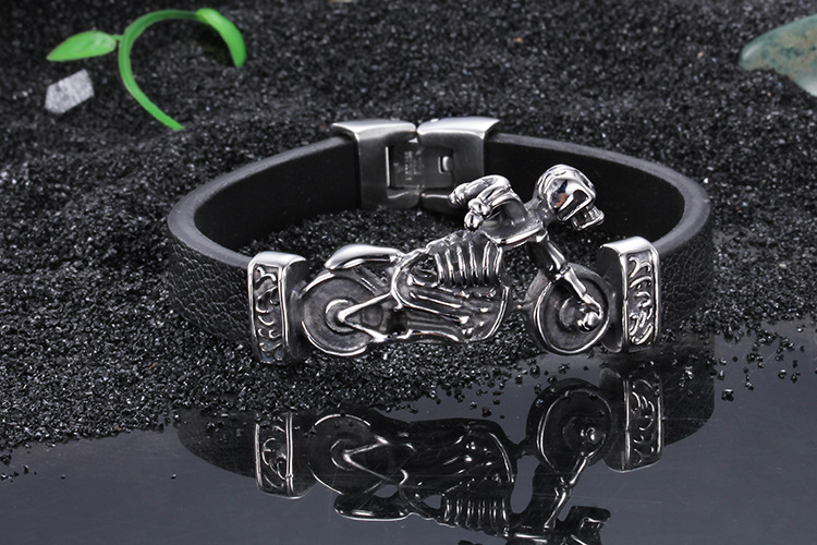 1 Piece Fashion Motorcycle Skull Stainless Steel Leather Menu0027S Bangle