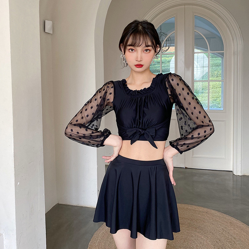 2021新款长袖裙式分体泳衣女平角保守遮肚显瘦小清新露背温泉泳装|ms