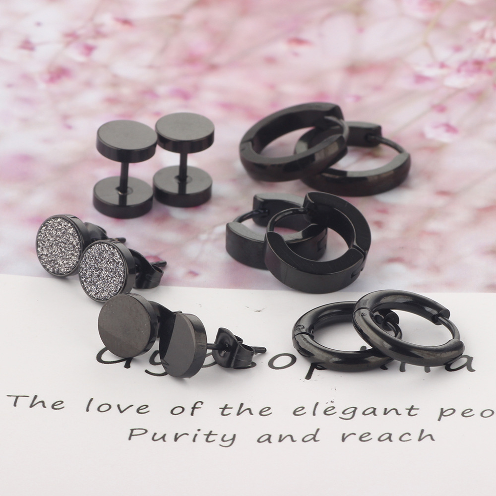 Men's Stainless Steel Earring Set with Dragon and Phoenix Design - 8mm Black 12-Piece Wholesale Ear Jewelry detail image 11