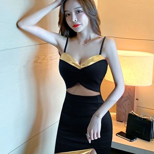 Straight neck low cut out open belly slim fit slit wrap hip skirt suspender dress