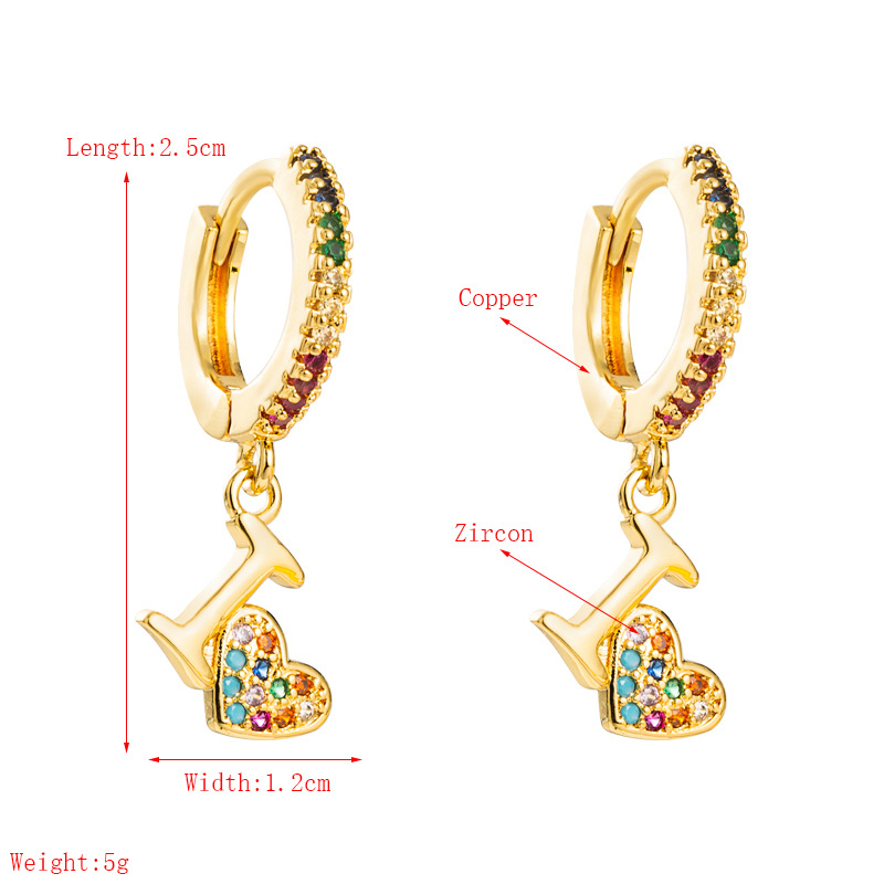 Boucles D&#39;oreilles Géométriques En Forme De Coeur Arc-en-ciel Boucles D&#39;oreilles En Cuivre Micro-incrustées De Lettres En Zircon En Gros display picture 1