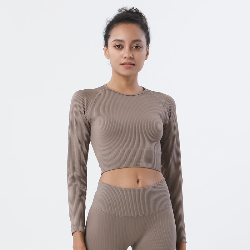 Amazon tejido sin costuras ropa de entrenamiento apretado de las mujeres de secado rápido de manga larga Camiseta deportiva superior ombligo expuesto ropa de yoga mujeres