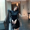 Gold velvet cheongsam skirt slit wrap hip skirt mesh Long Sleeve Dress