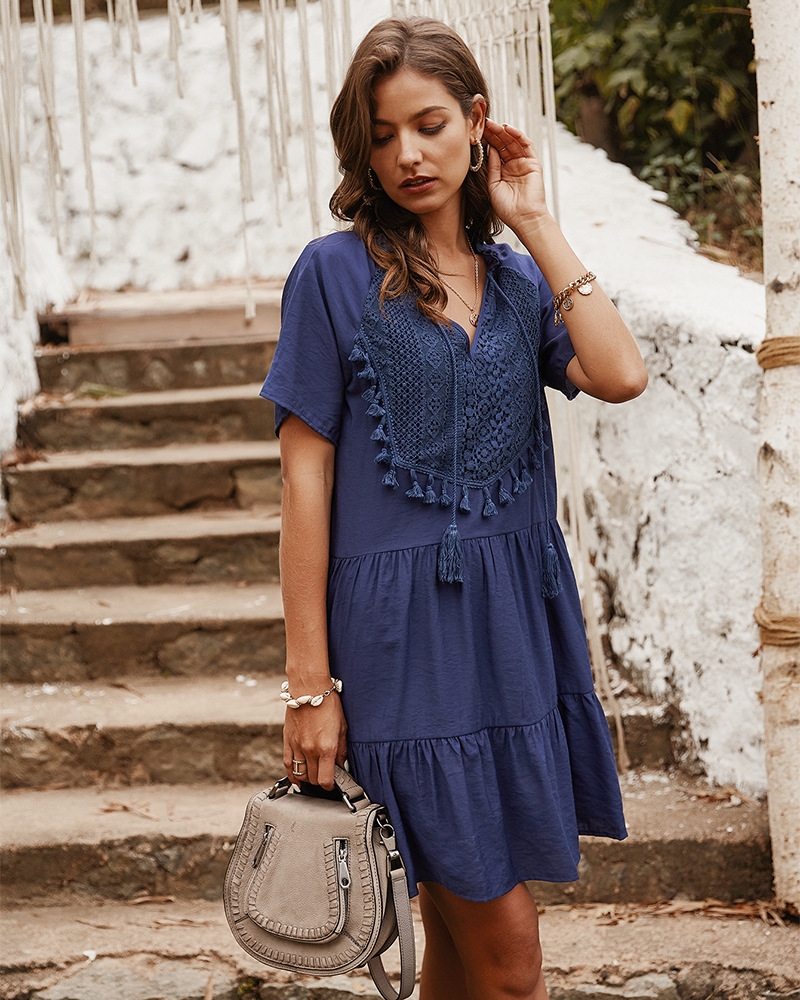 Summer New Lace Stitching Solid Color V-neck Lady Dress Nihaojewelry Wholesale display picture 13