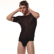 男士内衣性感紧身全透明网纱清凉夏季男式T恤黑色 清仓价