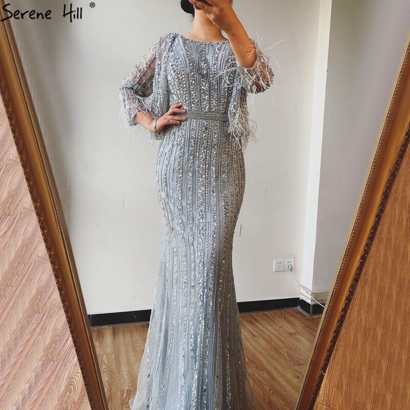 Gray Feather Mermaid Long Sleeve Evening Dress O-Neck Diamond Beading Luxury Formal Dress Two Pieces La70503