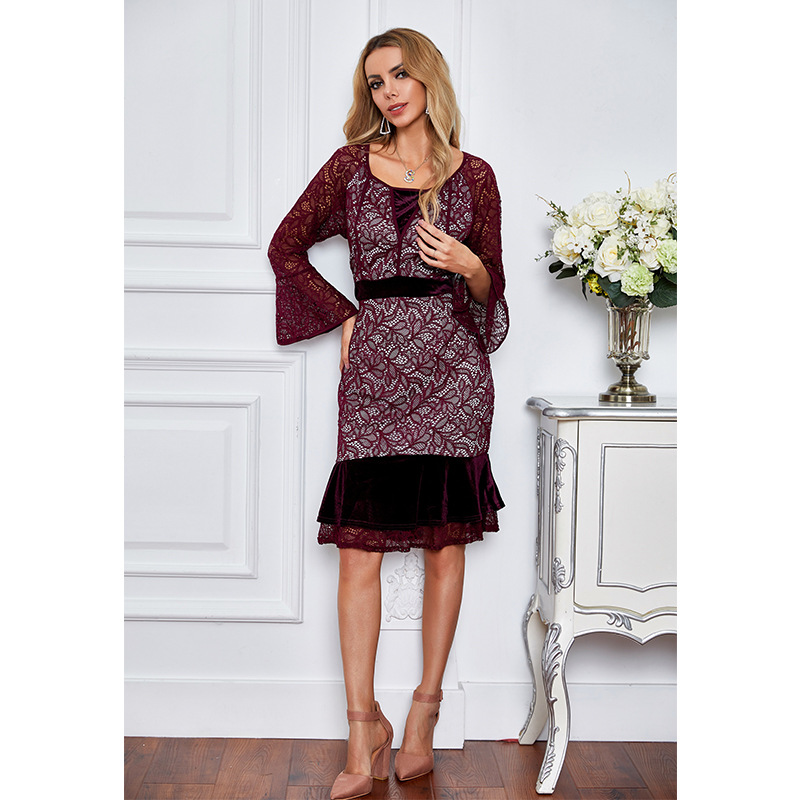 fit hollow V-neck print dress NSSA26010