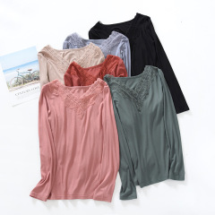 莫代爾秋衣女士V領蕾絲百搭內穿打底衫秋冬緊身長袖低領薄款保暖