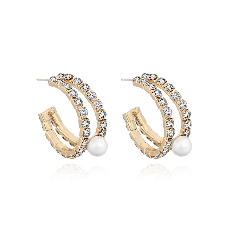 13g Weight Earrings Classification Wedding, Travel, Birthday, Festival Occasion Women'S Gender Gold Color Personality Geometry C- Shaped Full Diamond Pearl Ring Earrings Elegant Classic Style Double C French Ins Earrings Earrings 1